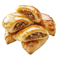 Lifelike briouia pastries arranged on a plate with a glossy golden exterior png