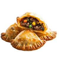 Savory empanadas filled with meat and vegetables served in a rustic setting png