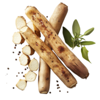 Lifelike display of seasoned cassavas with spices and herbs on a clean surface png