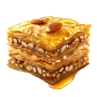 Layers of flaky baklava drizzled with honey and topped with whole almonds png