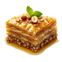 Layers of flaky baklava drizzled with honey and topped with nuts png
