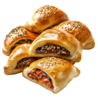 Delicious Russian pirozhki filled with meat and vegetables presented on a white background png