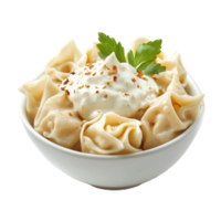 Delicious Turkish manti served with yogurt and herbs on a white bowl png