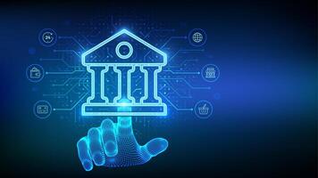 Bank. Online banking service application. Money transaction, e-commerce. Finance and banking global internet connection. Financial transaction. API Fintech. Hand touching digital interface. vector