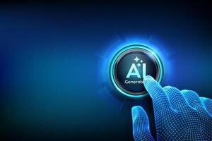 Generate with AI button. Artificial intelligence and Machine learning technology concept. AI enters by command prompt to generate ideas. Closeup finger about to press a Generate AI button. vector