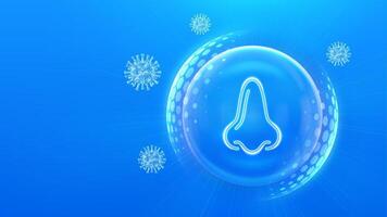 Human nose and respiratory system care. Protection from viruses, dust and allergens. Healthcare. Virus cell. Nose icon inside protection sphere shield with hexagon pattern. vector