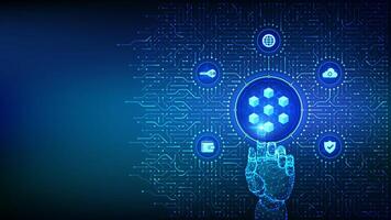 Blockchain technology. Decentralized network. Fintech cryptocurrency. Information blocks. Background with circuit board connections and tech icons. Wireframe hand pressing button. vector