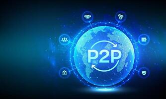Peer to peer. P2P payment and online model for support or transfer money. Peer-To-Peer technology concept. World map point line composition. Earth planet globe. vector