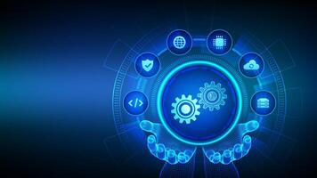Digital twin business and industrial process modelling technology concept on virtual screen. Innovation and optimisation. Digital twin icon in wireframe hands. vector