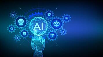 AI. Artificial Intelligence. Machine Learning Concept. Big data. Neural networks. Sphere grid wave. Wireframe hand touching digital interface with connected gears cogs and icons vector