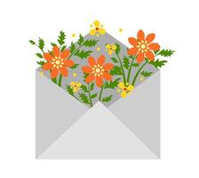 Envelope with orange flowers on a white background. Greeting Card vector