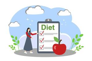 The concept of proper nutrition, diet and a healthy lifestyle. A woman stands next to a list of recommendations for proper nutrition vector