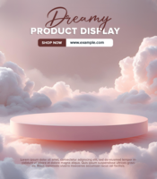 Soft pink circular platform with dreamy clouds product display psd