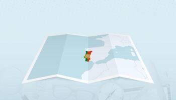 Map of Portugal with the flag of Portugal in the contour of the map on a trip abstract backdrop. vector