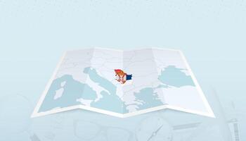 Map of Serbia with the flag of Serbia in the contour of the map on a trip abstract backdrop. vector