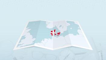 Map of Denmark with the flag of Denmark in the contour of the map on a trip abstract backdrop. vector
