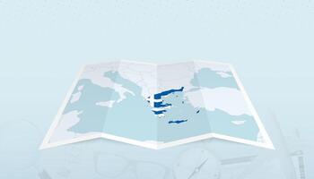 Map of Greece with the flag of Greece in the contour of the map on a trip abstract backdrop. vector