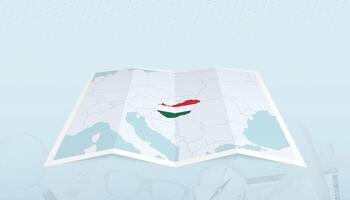 Map of Hungary with the flag of Hungary in the contour of the map on a trip abstract backdrop. vector