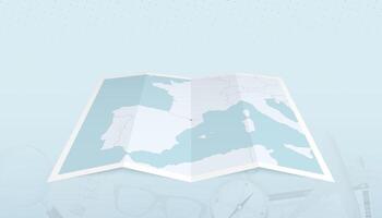 Map of Andorra with the flag of Andorra in the contour of the map on a trip abstract backdrop. vector