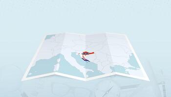 Map of Croatia with the flag of Croatia in the contour of the map on a trip abstract backdrop. vector