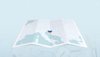 Map of Slovenia with the flag of Slovenia in the contour of the map on a trip abstract backdrop. vector
