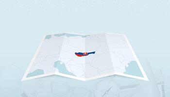Map of Slovakia with the flag of Slovakia in the contour of the map on a trip abstract backdrop. vector