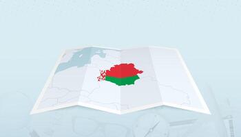 Map of Belarus with the flag of Belarus in the contour of the map on a trip abstract backdrop. vector