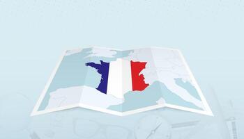 Map of France with the flag of France in the contour of the map on a trip abstract backdrop. vector