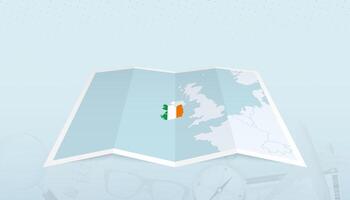 Map of Ireland with the flag of Ireland in the contour of the map on a trip abstract backdrop. vector