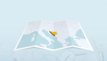 Map of Bosnia and Herzegovina with the flag of Bosnia and Herzegovina in the contour of the map on a trip abstract backdrop. vector