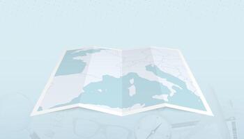 Map of Monaco with the flag of Monaco in the contour of the map on a trip abstract backdrop. vector