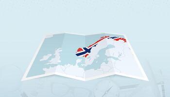 Map of Norway with the flag of Norway in the contour of the map on a trip abstract backdrop. vector