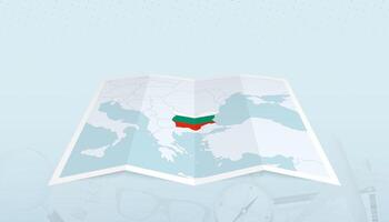 Map of Bulgaria with the flag of Bulgaria in the contour of the map on a trip abstract backdrop. vector