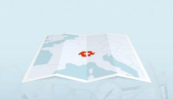 Map of Switzerland with the flag of Switzerland in the contour of the map on a trip abstract backdrop. vector