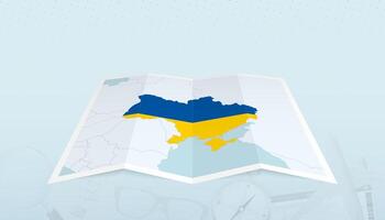 Map of Ukraine with the flag of Ukraine in the contour of the map on a trip abstract backdrop. vector