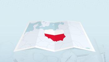 Map of Poland with the flag of Poland in the contour of the map on a trip abstract backdrop. vector