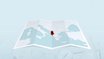 Map of Albania with the flag of Albania in the contour of the map on a trip abstract backdrop. vector