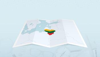 Map of Lithuania with the flag of Lithuania in the contour of the map on a trip abstract backdrop. vector