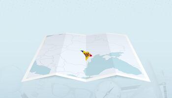 Map of Moldova with the flag of Moldova in the contour of the map on a trip abstract backdrop. vector