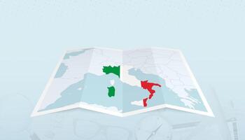 Map of Italy with the flag of Italy in the contour of the map on a trip abstract backdrop. vector