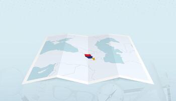 Map of Armenia with the flag of Armenia in the contour of the map on a trip abstract backdrop. vector