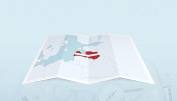 Map of Latvia with the flag of Latvia in the contour of the map on a trip abstract backdrop. vector