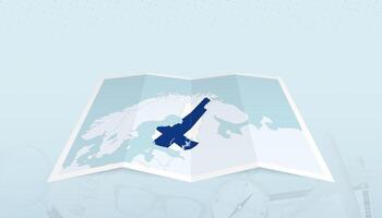 Map of Finland with the flag of Finland in the contour of the map on a trip abstract backdrop. vector