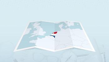 Map of Netherlands with the flag of Netherlands in the contour of the map on a trip abstract backdrop. vector