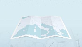 Map of San Marino with the flag of San Marino in the contour of the map on a trip abstract backdrop. vector
