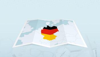 Map of Germany with the flag of Germany in the contour of the map on a trip abstract backdrop. vector