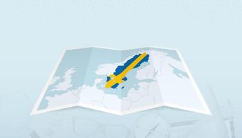 Map of Sweden with the flag of Sweden in the contour of the map on a trip abstract backdrop. vector