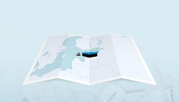 Map of Estonia with the flag of Estonia in the contour of the map on a trip abstract backdrop. vector