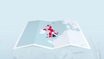 Map of United Kingdom with the flag of United Kingdom in the contour of the map on a trip abstract backdrop. vector