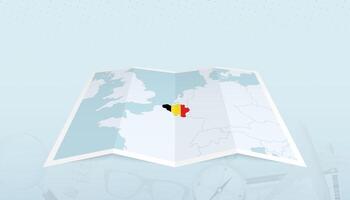 Map of Belgium with the flag of Belgium in the contour of the map on a trip abstract backdrop. vector